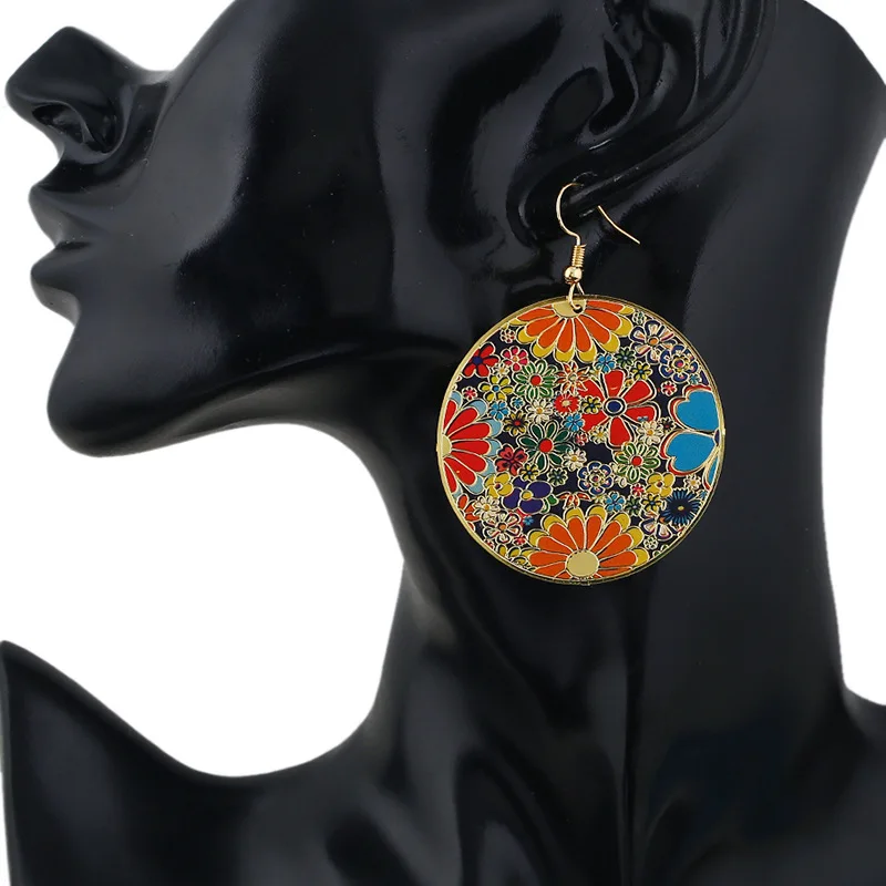 

2019 Women Hyperbole Bold Eardrop Multicolor Zinc Alloy Gold Floral Print Earrings 43*43mm Big Ear Drop SP352