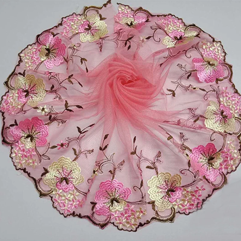 

22cm Width Pink Flower Embroidered Lace Fabric Mesh Tulle Mesh Edge Trim Craft Cloth for Sewing Wedding dress Handmade DIY