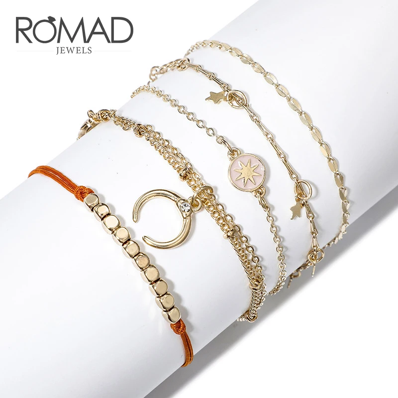 

ROMAD 5pcs/set Europe Charm Bracelets Sets Stars Link Bracelets For Women Beads Lucky Red Rope Bracelet Girl's Gift R4