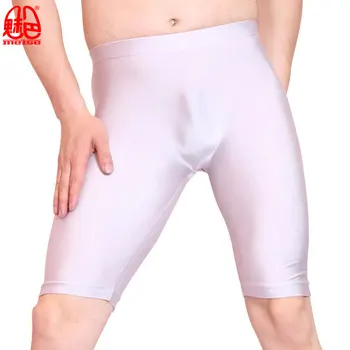 

Sexy Men Oil Shiny Lycra Leggings Seamless Solid U Convex Pouch Half-length Boxers Long Leg Underpants Boxer Gay Wear F49