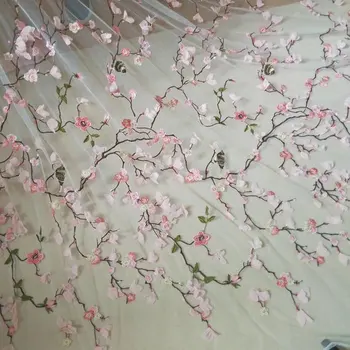 

new arrival Chinese style embroidery lace fabric with birds and florals ,One yard 3D lace fabric with pink chiffon flower