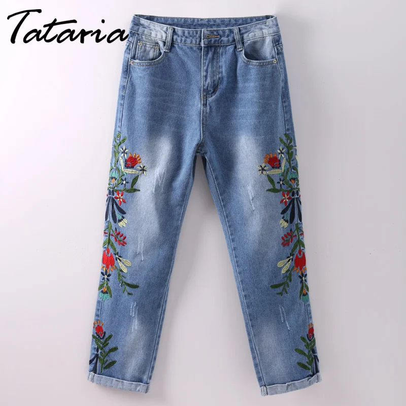 

TATARIA Floral Embroidered Jeans Womam Causal High Waist Jeans Mujer Calf Length Pants Summer Jeans Female Denim Pants Women