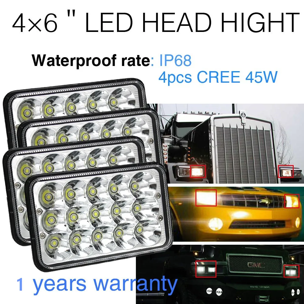 4pcs 4x6inch LED Cree Light Bulb H4666 Crystal Clear Kenworth Peterbilt GMC Headlights