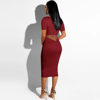 

Sexy Open Back Splicing Ruching Cut Out Club Bandage Dress Solid Women Bodycon Dress Plunge Round Neckline Summer Dress