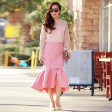 Осень Стиль миди-юбка-годе сладкий розовый шик оборками Чай Длина атласные юбки, изготовленные на заказ с длинными Для Женщин Saia