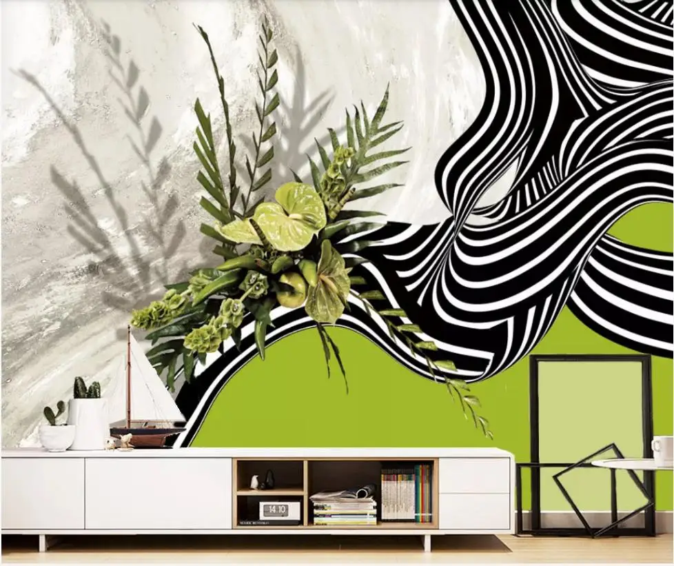 

Custom wallpaper Nordic abstract plant flower line marble art background wall - decorative waterproof material