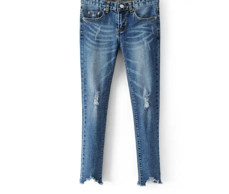 2017 New Ripped Asymmetric Hem Full Length Jeans Vintage