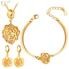 U7 Cubic Zirconia Conjunto de Joyas Para Las Mujeres Chapado En Oro Romántico Rosa Flor Collar/Pendientes/Pulsera Juegos de Joyería S411
