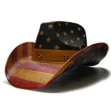 Retro National Flag Unisex's Hard Paint Straw Wide Brim Stripe Sun Beach Cowboy Cowgirl Western Hat Leather Star Band(58cm