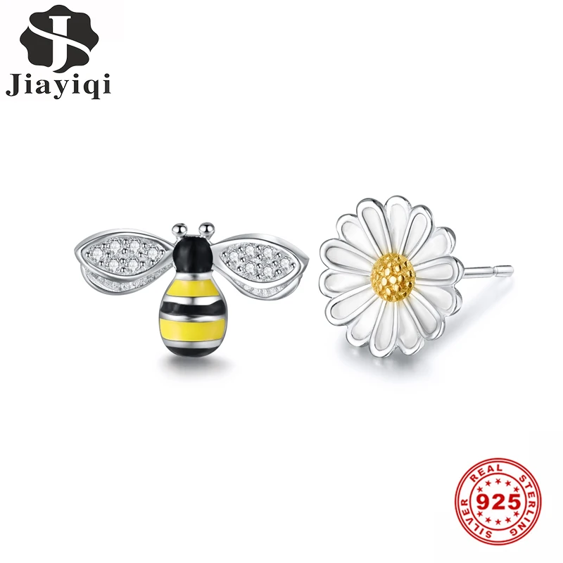

Jiayiqi Hot Fashion 100% 925 Sterling Silver White Pink Sun Flower Bee Stud Earrings For Women Authentic Original Jewelry Gift