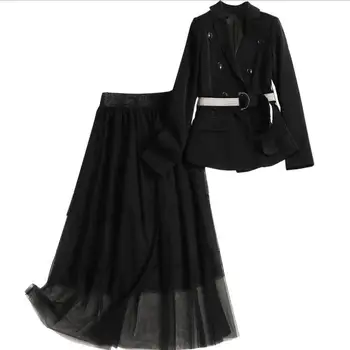 

business casual women outfits fall sets long sleeve two piece set double button belted black top blazer + long mesh skirt
