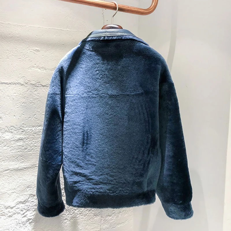 Réversible Mérinos Veste En Longues Manteau Manches Peau Femmes Bleu De Rf0327 Fourrure À Mouton Réel tvrqwztx7