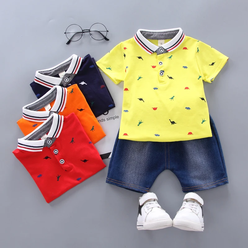 

Summer Children Clothing Baby Boys Clothes Casual Short Sleeve Dinosaur Print T-shirt Tops+Denim Shorts 2pcs Set
