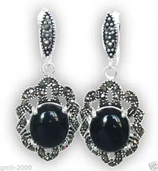 

mujer wedding Gift word Love Vintage 925 Sterling Natural Black stone Gems Marcasite Dangle Earrings for women jewelry