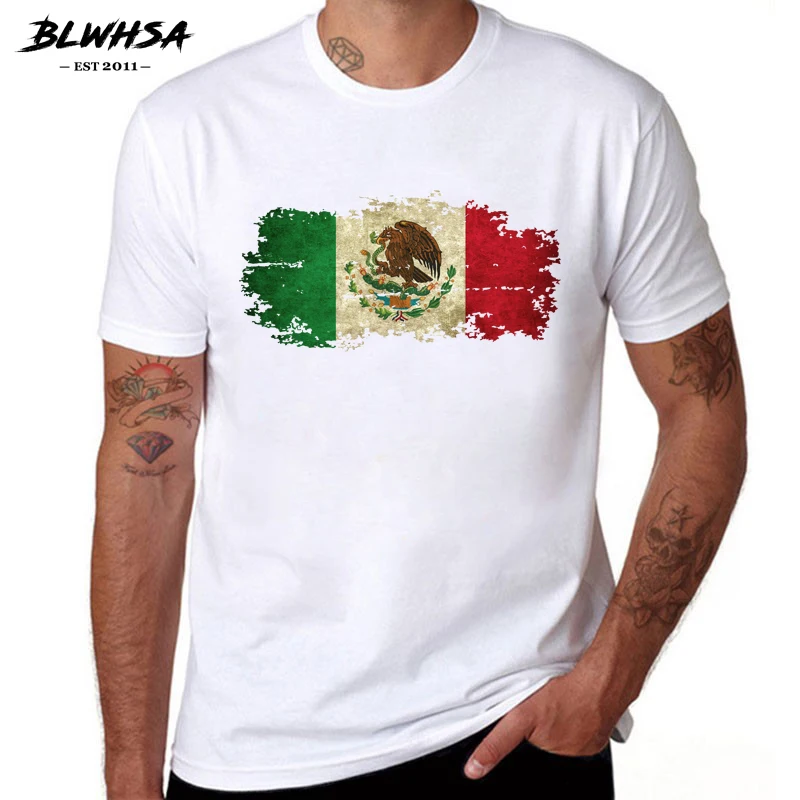 BLWHSA Mexico Flag Printed Men T shirt Summer Short Sleeve 100% Cotton T-shirts Brand Design Hip Hop Mexican Flag Men Clothing