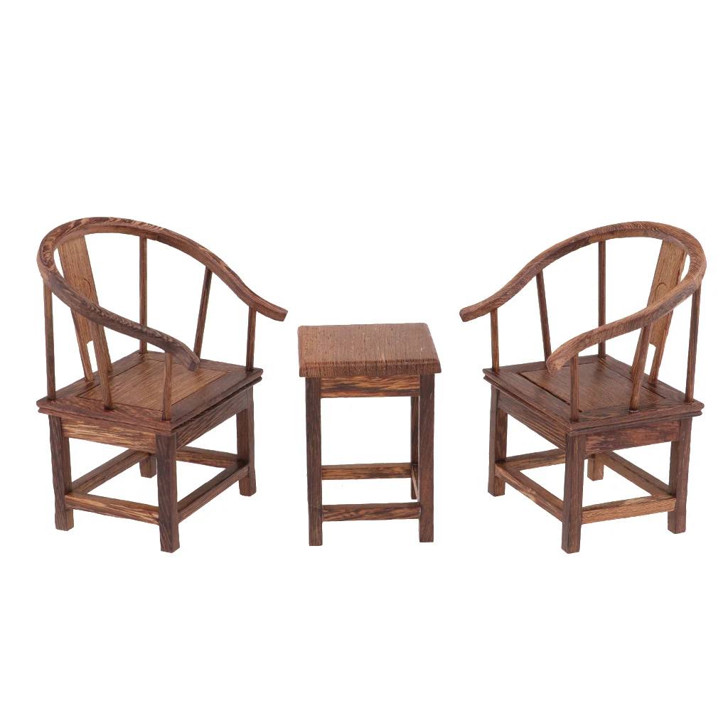 1:6 Dollhouse Solid Wenge Miniatures Furniture Wooden Tea Table and Two Armchairs Home Decor