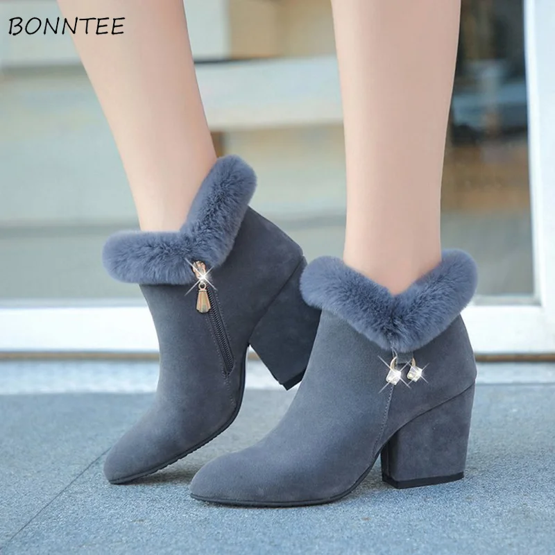 

Boots Women Winter Retro Elegant Square Heel Ankle Zipper Boot Warm Plus Velvet Fashion Womens Shoes High Quality Simple Casual