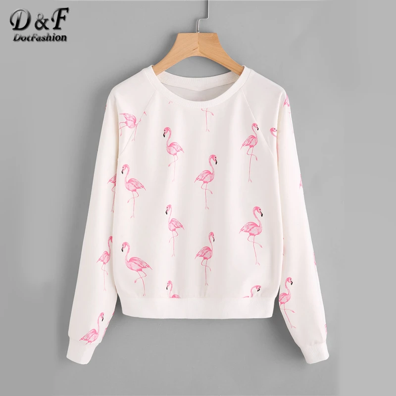 

Dotfashion Allover Flamingo Print Raglan Sleeve Sweatshirt Ladies 2019 Spring Fall Cartoon Round Neck Multicolor Casual Pullover