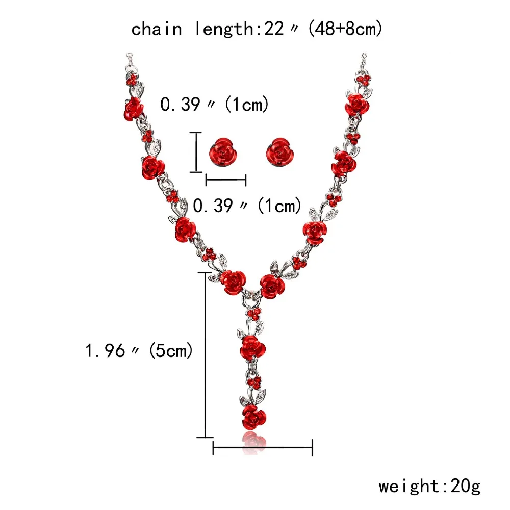 Серебряный Красный цветок розы Ювелирные наборы колье ожерелье комплект ювелирных изделий серьги Свадебные ювелирные изделия невесты комплект ювелирных изделий