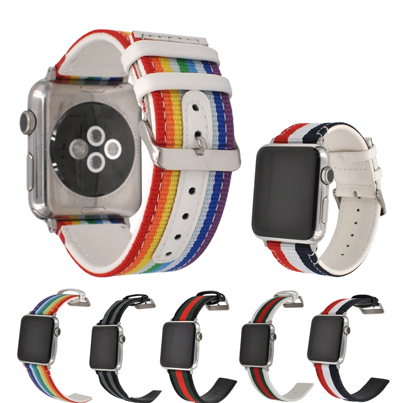 

Weave Nylon+Leather Strap for Apple Watch band Series 3 2 1 iWatch bands Striped wrist bracelet watchband with metal buckle