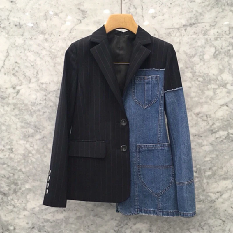HIGH STREET New Fashion 2018 Designer Blazer Jacket Women's Denim Patchwork Novelty Asymmetrical 
