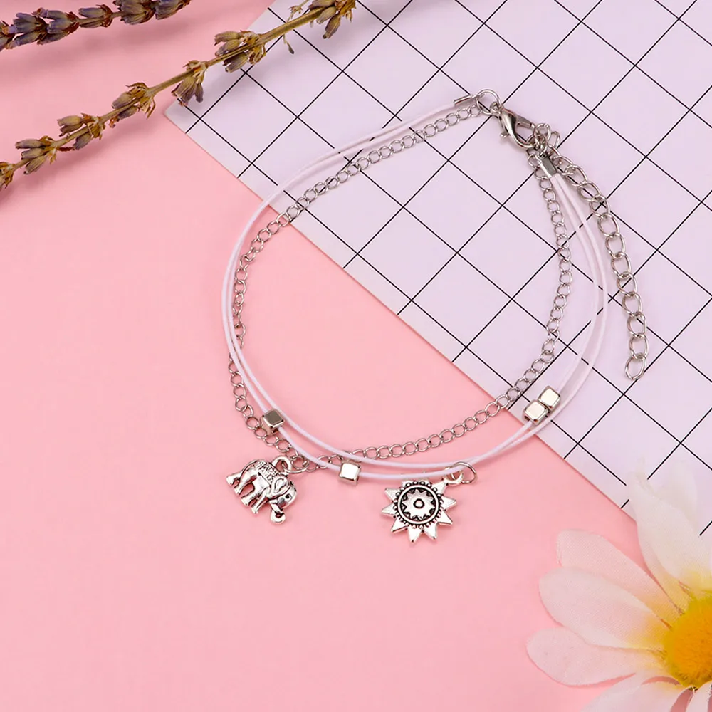 

3pcs Vintage Multiple Layers Anklets for Women Elephant Sun Pendant Charms Rope Chain Beach Summer Foot Ankle Bracelet Jewelry