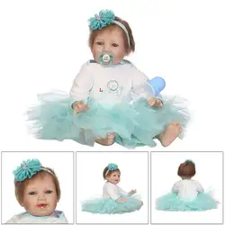 22 дюйма кремния реалистичные улыбающиеся куклы белый светло-голубой сетки платье цветок повязка на голову раннего детства детские игрушки
