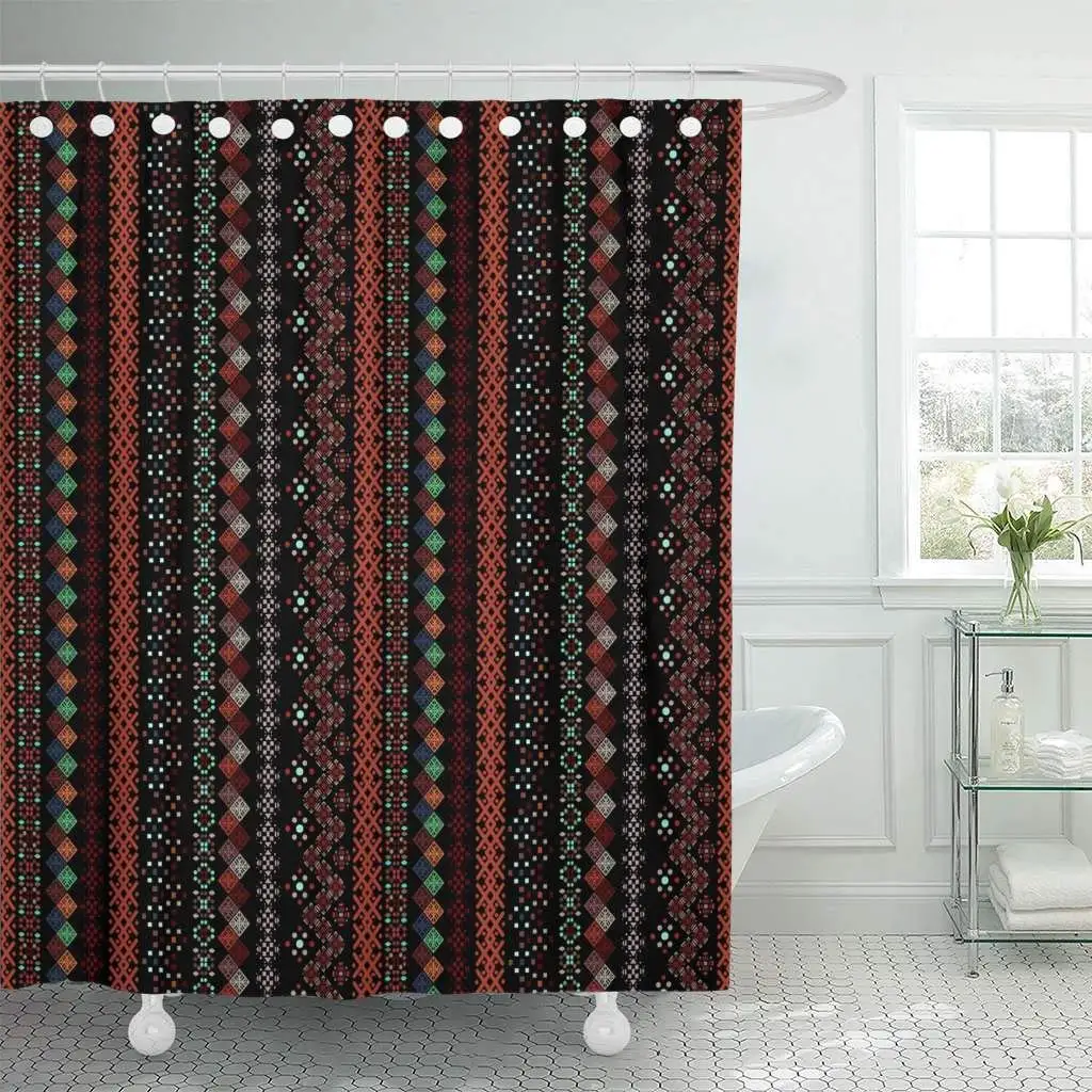 Fabric Shower Curtain with Hooks Plaid Ethnic Boho Tribal Border