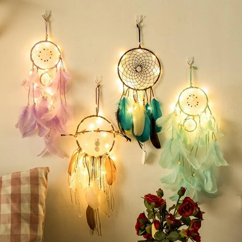 led-fairy-lights-night-light-feather-crafts-purple-dream-catcher-colorful-lamp-home-bedroom-girl-room-wall-hanging-decor