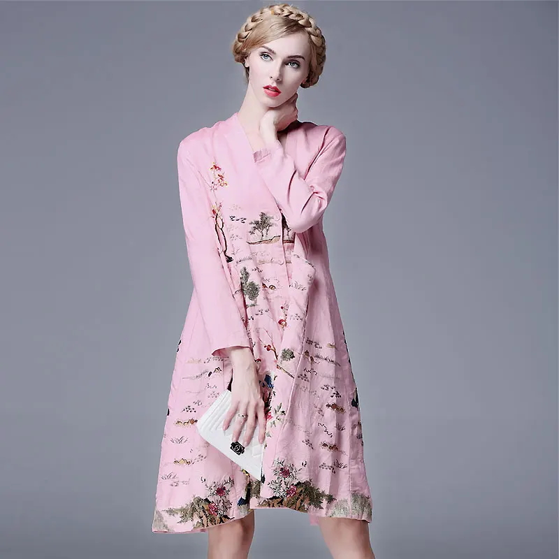 Пальто женское с V образным вырезом и вышивкой|trech coat|embroidery women coatlinen coat |