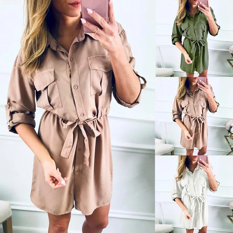 

Ladies OL Style Shirt Dress Women Solid Long Sleeve Short Dress Spring Mini Dress Solid Sashes High Waist Summer Dress Vestidos