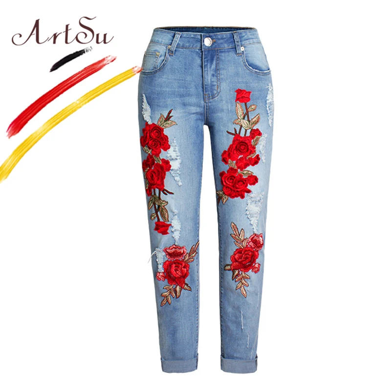 ArtSu цветочные джинсы с вышивкой Женские винтажные джинсовые брюки женские карманные свободные прямые джинсы зимние женские джинсовые брюки ASPA20064 - Цвет: Синий