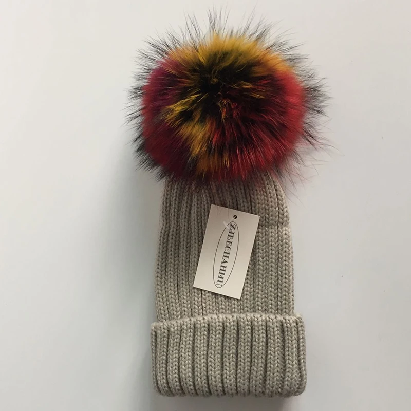 ZJBECHAHMU шапки модные настоящие помпоны из лисьего меха 18 см Skullies шапки женские зимние теплые шерстяные акриловые мешковатые Snapback шапки