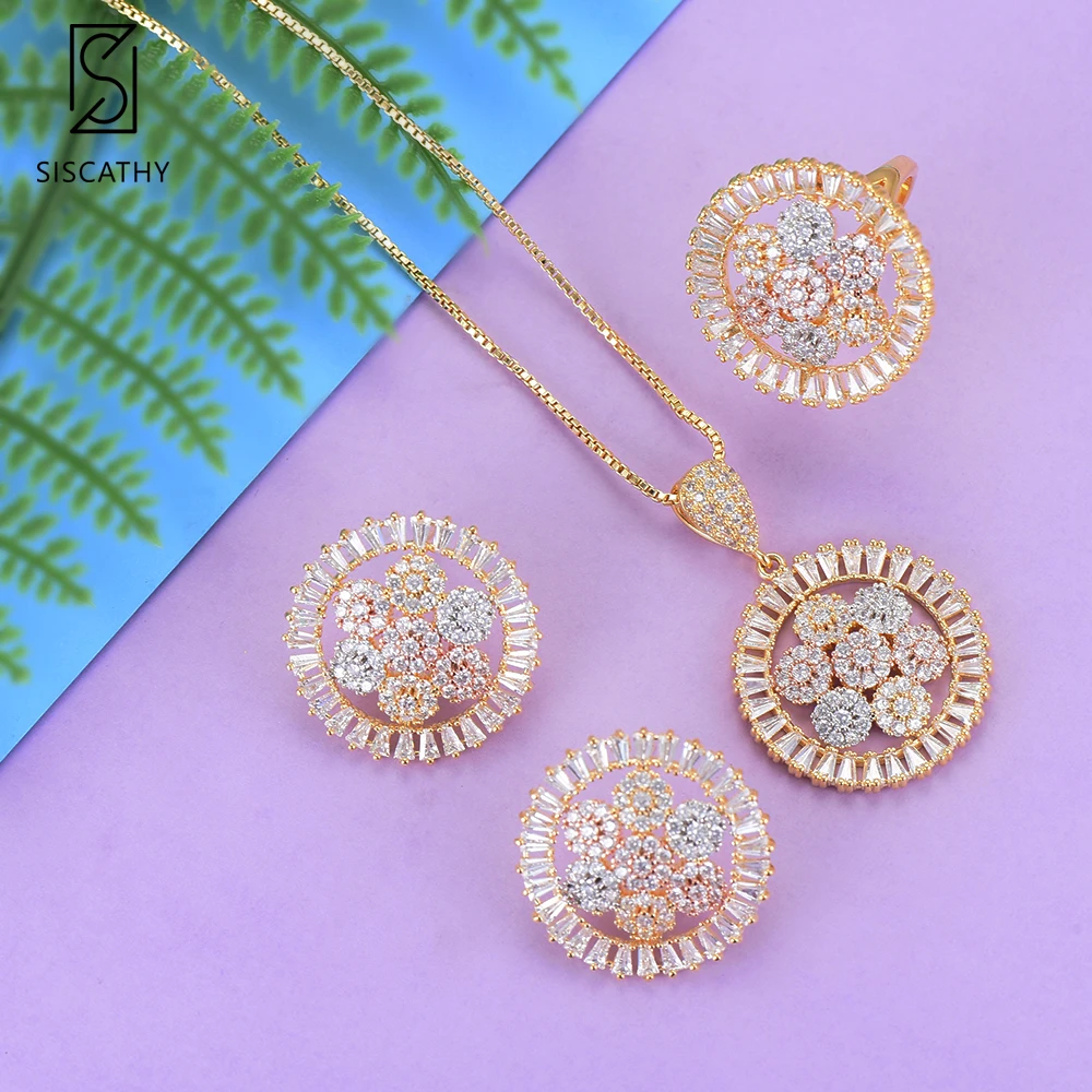 

SISCATHY Fashion african jewelry set Flower Shape Full Cubic Zirconia Necklace Stud Earrings Resizable Ring Jewelry Sets