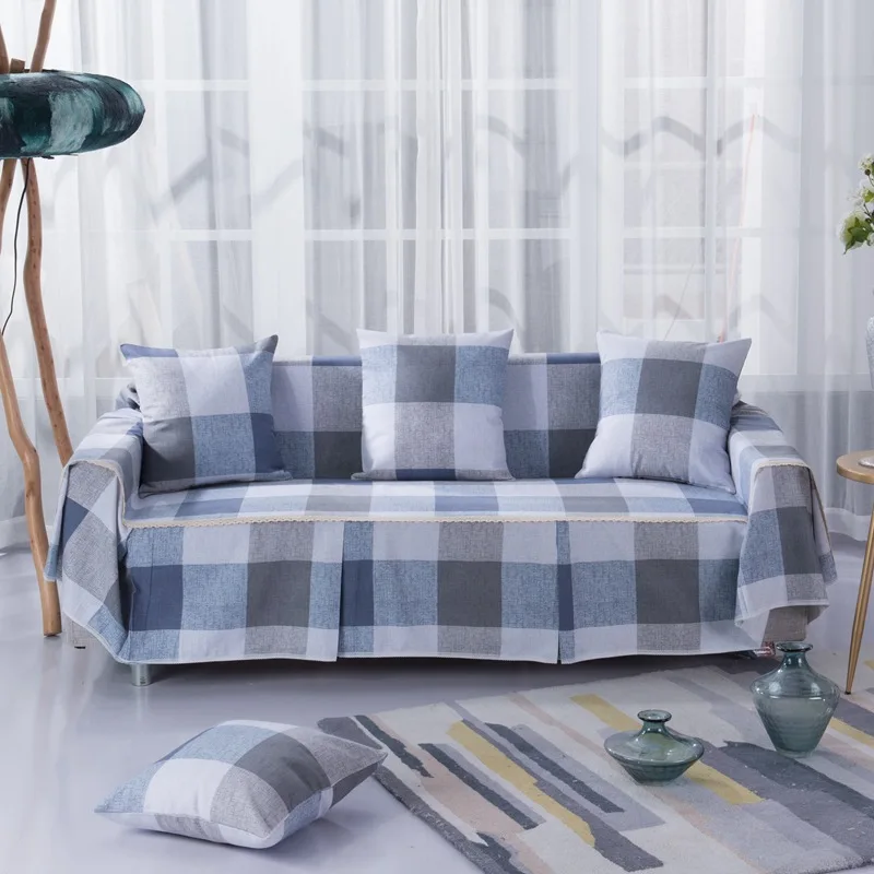 WLIARLEO Thick Sofa Cover Pastoral Blue Plaid Sofa Towel 100 Cotton