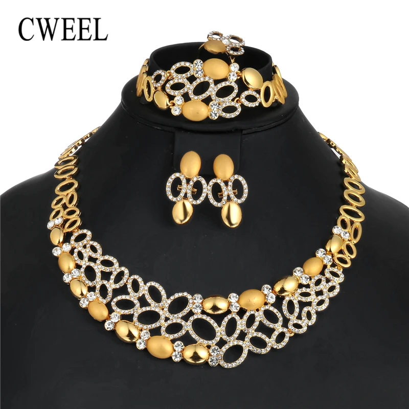 

CWEEL Jewelry Sets Women Fashion African Beads Jewelry Set in Gold Color Party Jewerly Sets Imitation Crystal Costume Jewelry
