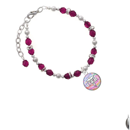 Silvertone Domed Multi Color OTR Magenta Beaded Bracelet