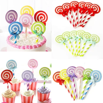 

Lollipop Shaped Birthday Insert Cards Party 6PCS/Set Candy Color Bowknot Festival Decoration Cake Decorations