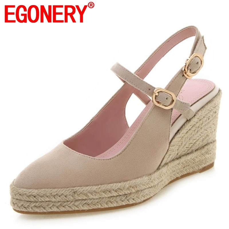 

EGONERY shoes woman 2019 summer new concise casual kid suede woman pumps outside super high wedges platform buckle ladies shoes