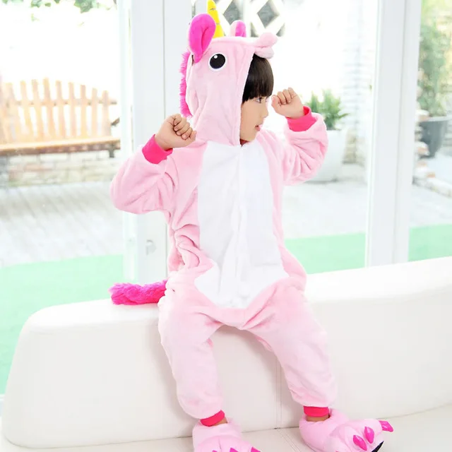 Кигуруми Детские пижамы с единорогом для детей, цельные фланелевые зимние пижамы унисекс с рисунком динозавра из мультфильма для малышей, Комбинезоны - Цвет: Pink unicorn