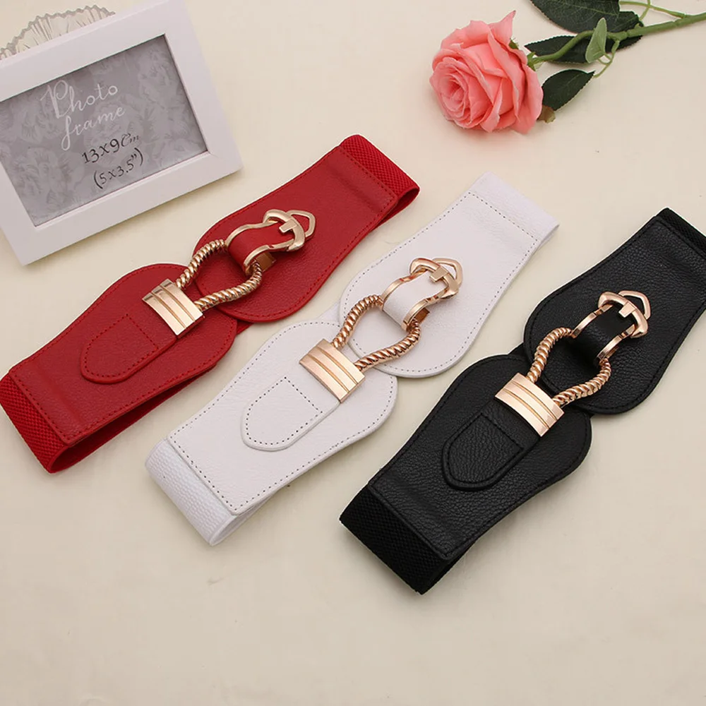 Hello guoguo Women elastic belts Cowskin Metal buckle off white belt