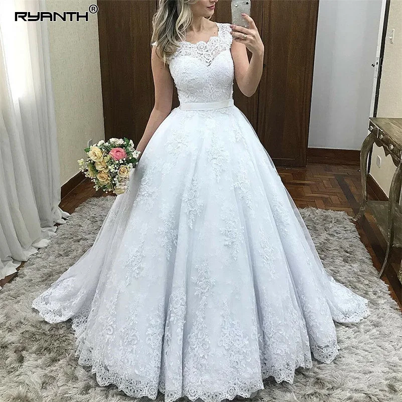 Vestido De Noiva кружево бальное платье Свадебные платья 2019 плюс размеры Аппликация Элегантный головной убор Свадебные платья без рукавов Robe De