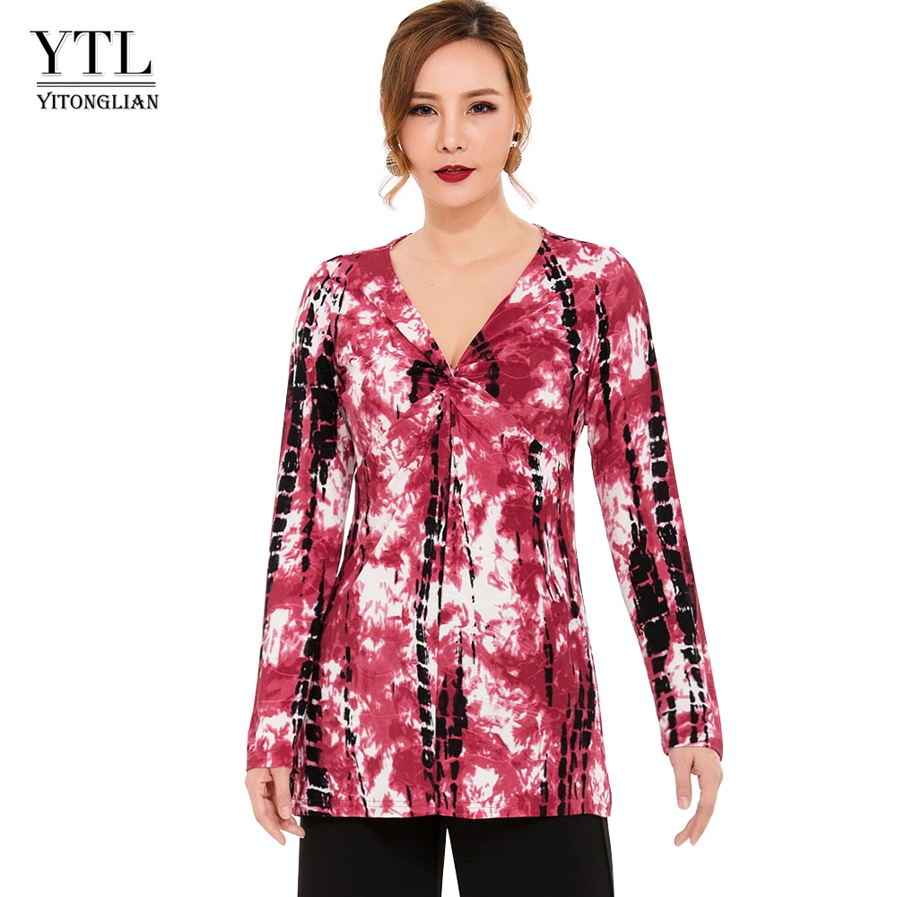 

YTL 2019 Fashion Women Tunic Shirt Long sleeve Tie-dyeing Deep V Neck Causal Harajuku Style Soft Blouse H204