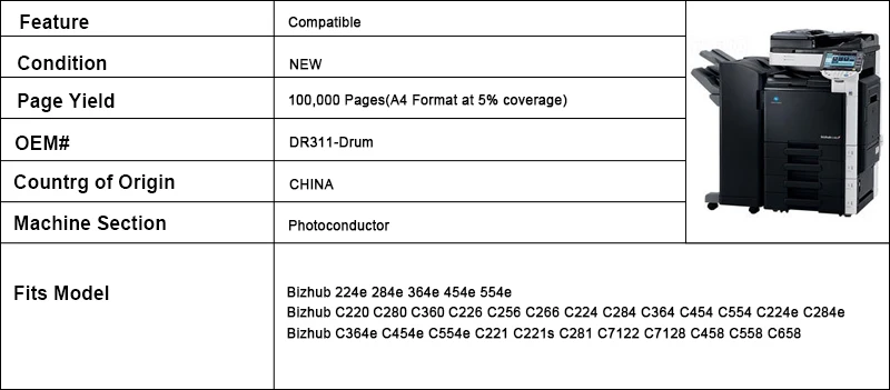 Фотобарабан для KONICA MINOLTA BIZHUB C220 C280 C360 C224 C284 C364 C454 C554 DR311-Drum фотобарабан