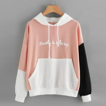 

2019 autumn fashion casual hooded woman sweatshirt color block long sleeve pullover female sweatshirt hot sales