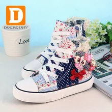 Toile Rose Fleurs Filles Chaussures 2017 Printemps Marque Filles Sneakers Scolaires Noeud Papillon Chaussures Pour Enfants En Caoutchouc Plat Haute Fille Chaussures