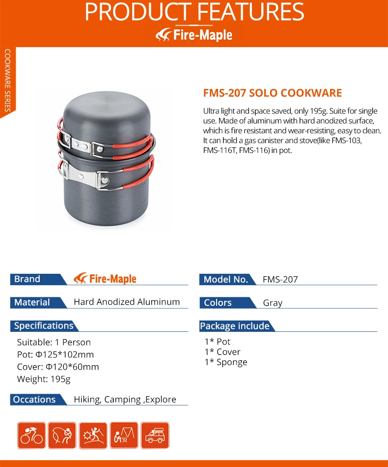 Огонь Клен Кемпинг горшок чаша для 1 человек походная горелка пособия по кулинарии набор Pots Сверхлегкий Открытый Один Кухонная Посуда Набор 195 г
