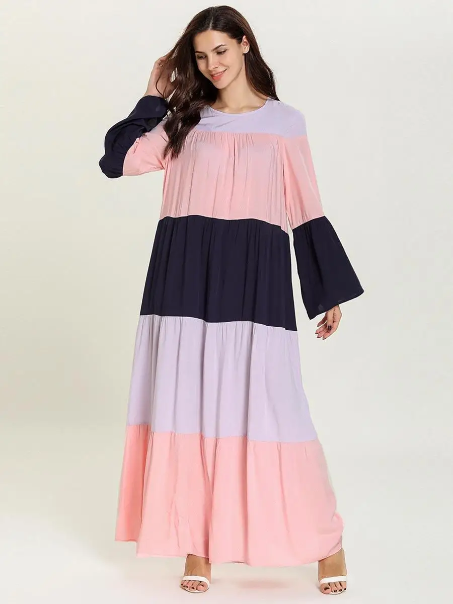 Abaya свободные женские мусульманские платья Дамы Кафтан рукава-фонарики пэчворк винтажные вечерние Макси платье Дубай цвет блок Мода