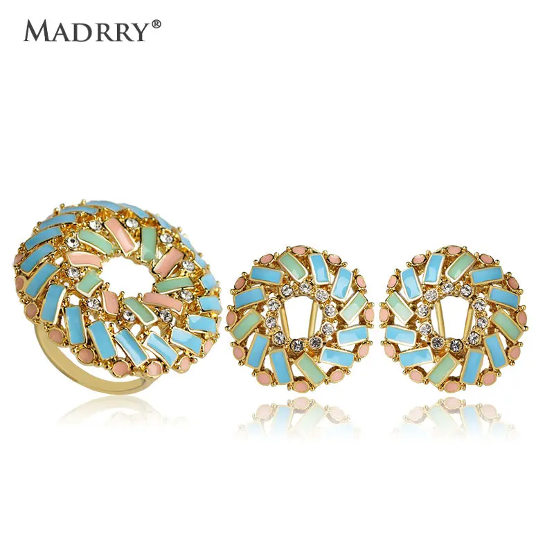 

Madrry Dubai Jewelry Sets Earrings&Ring for Women Lady Decoration Bijoux Gold Color Crystal Enamel Boucle d'oreille Anel Schmuck