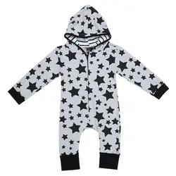 Для Новорожденных Для маленьких мальчиков для девочек осенняя одежда звезда stirpe печати с капюшоном с длинным рукавом ползунки молнии